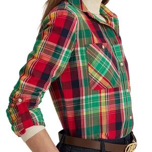 Lauren Ralph Lauren Plaid Roll Tab Button Down Top Womens Petite Small Red Green